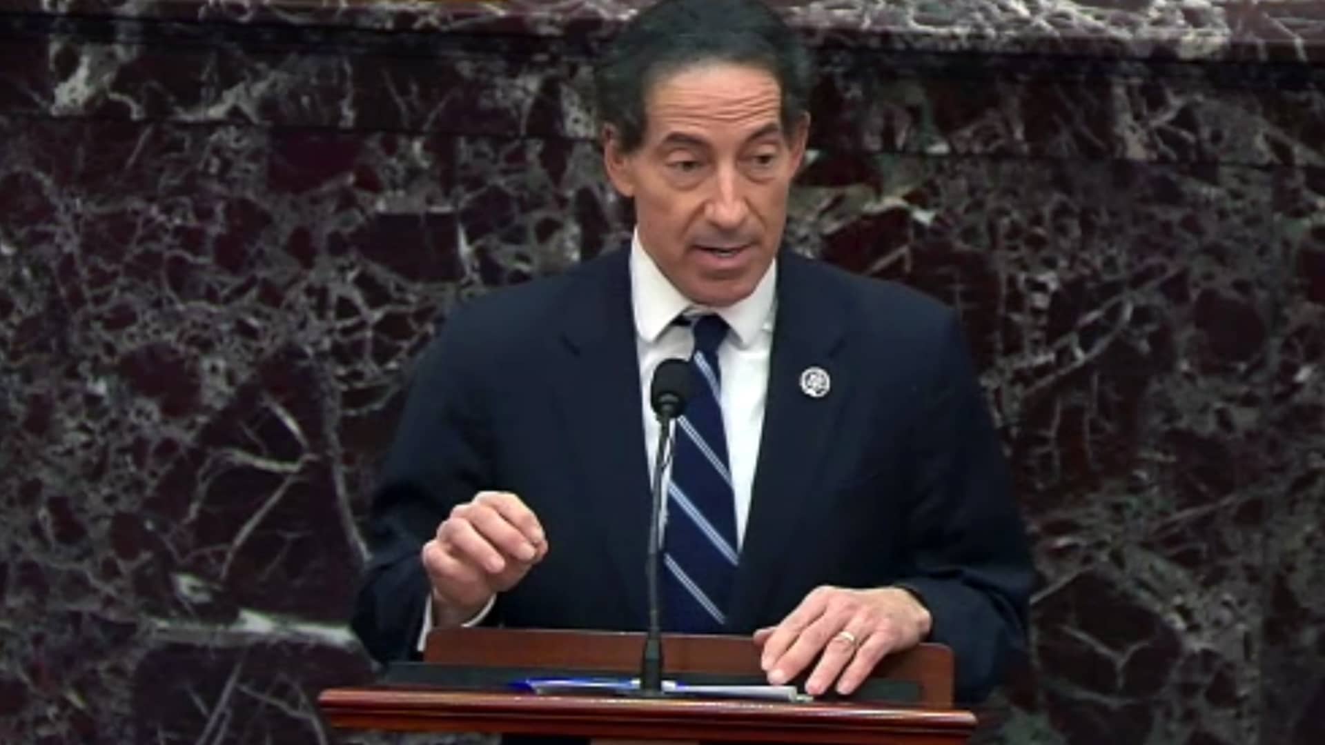 In this screenshot taken from a congress.gov webcast, lead House impeachment manager Rep. Jamie Raskin (D-MD) speaks on the fifth day of former President Donald Trump's second impeachment trial at the U.S. Capitol on February 13, 2021 in Washington, DC.