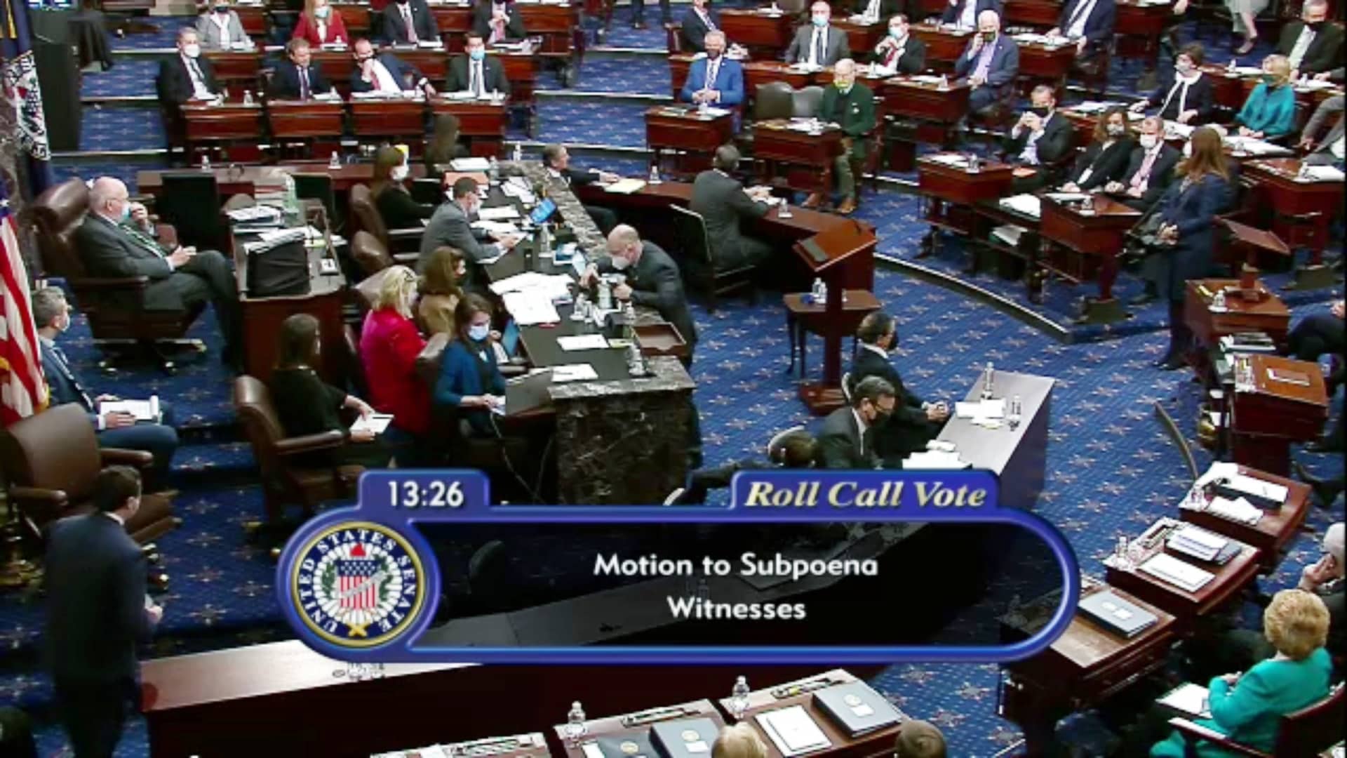 In this screenshot taken from a congress.gov webcast, a roll call vote is taken on a motion to subpoena witnesses on the fifth day of former President Donald Trump's second impeachment trial at the U.S. Capitol on February 13, 2021 in Washington, DC.