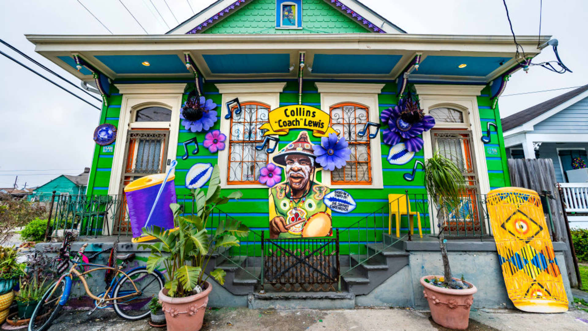 The Coach Lewis House, whose decorations are sponsored by Krewe of Red Beans, honors the life of the 7th Ward Mardi Gras Indian on February 15, 2021 in New Orleans, Louisiana.