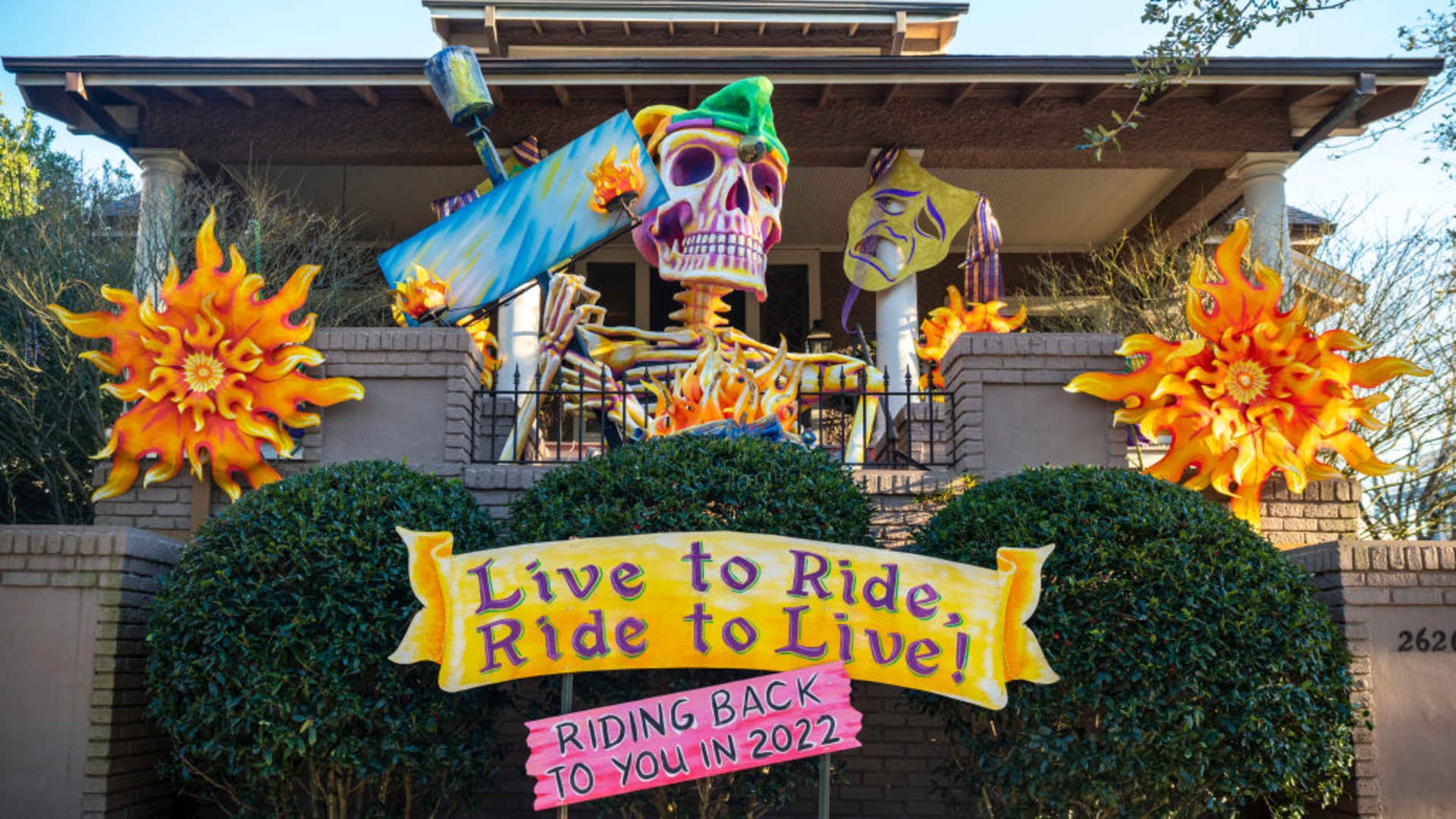 View of the Krewe d'Etat house, created by Royal Artists, on February 07, 2021 in New Orleans, Louisiana. Due to the COVID-19 pandemic cancelling traditional Mardi Gras activities, New Orleanians are decorating their homes and businesses to resemble Mardi Gras floats.