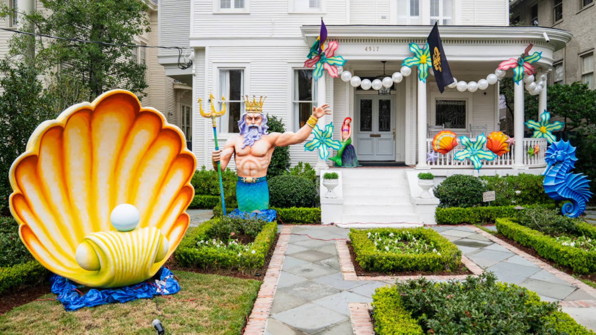 A home on St. Charles Avenue is decorated with The Little Mermaid theme on February 13, 2021 in New Orleans, Louisiana.