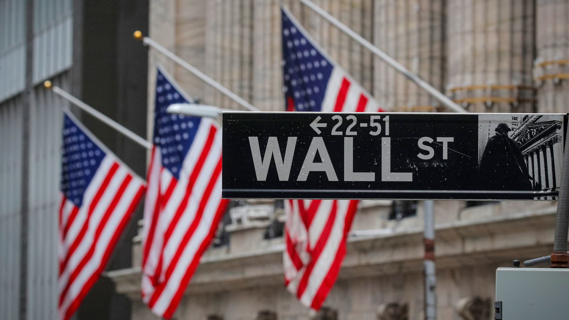 The Wall Street sign is seen outside The New York Stock Exchange (NYSE) in New York, February 16, 2021.