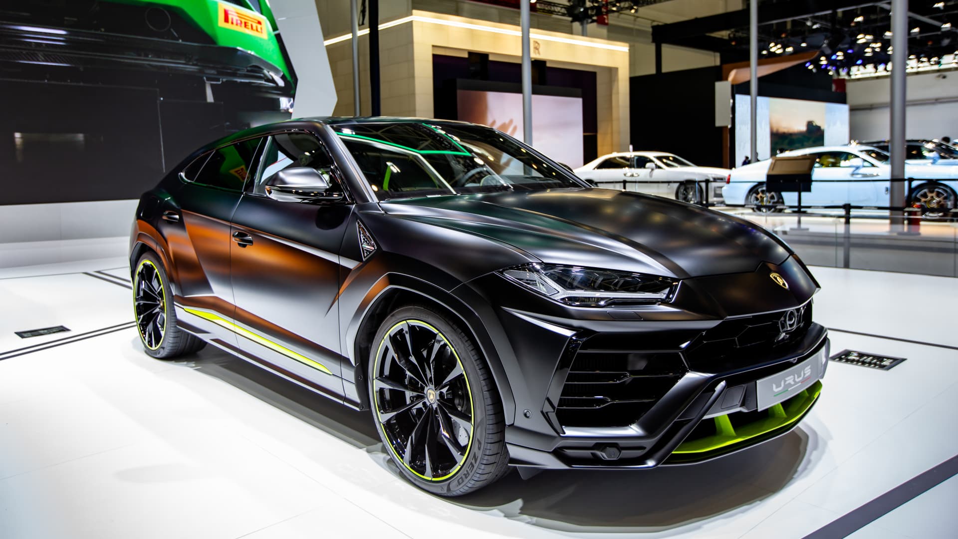A Lamborghini Urus car is on display during 2020 Beijing International Automotive Exhibition (Auto China 2020) at China International Exhibition Center on October 1, 2020 in Beijing, China.