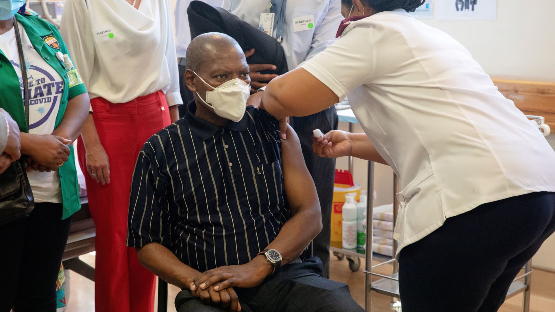 South African Health Minister Zweli Mkhize receives the Johnson and Johnson coronavirus disease (COVID-19) vaccination at the Khayelitsha Hospital near Cape Town, South Africa, February 17, 2021.
