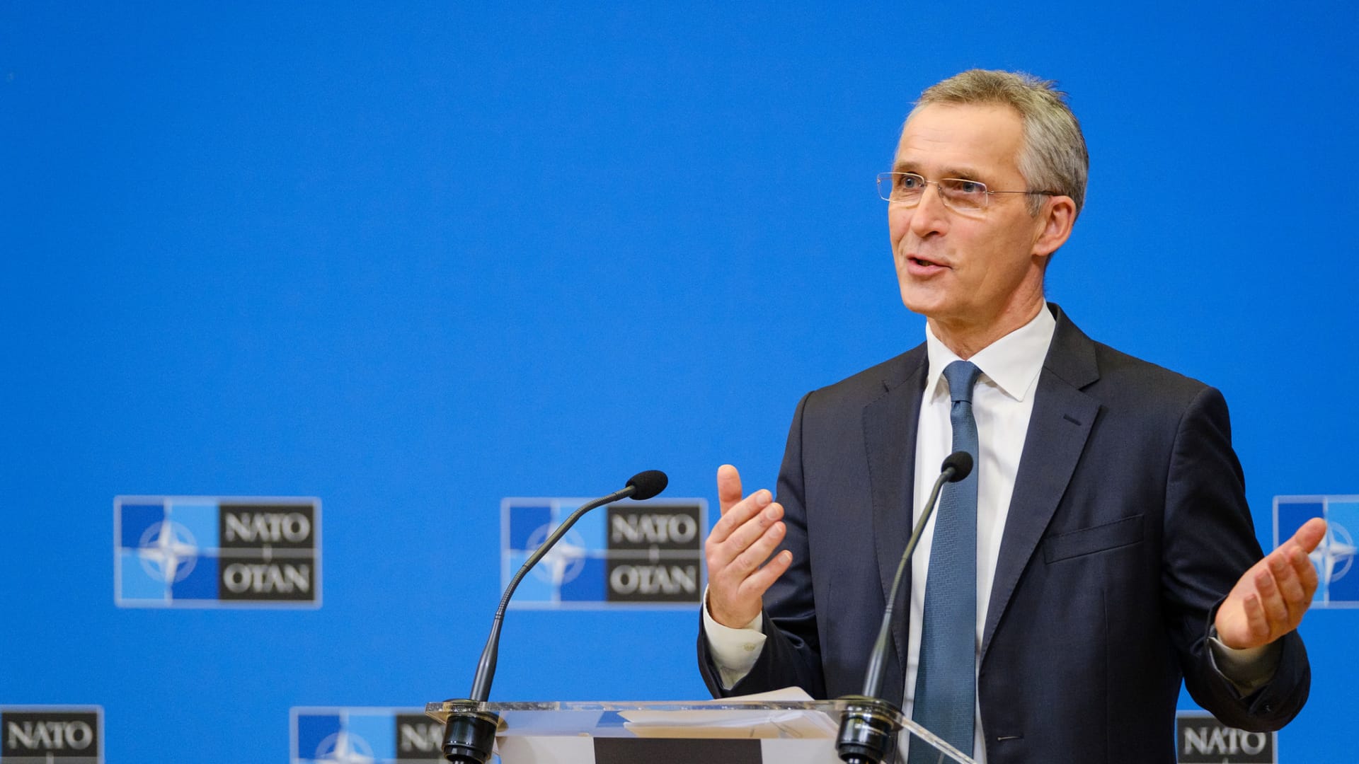 NATO Secretary General Jens Stoltenberg holds a press conference on February 15, 2021, ahead of the meetings of NATO Defence Ministers at NATO Headquarters in Brussels, Belgium.