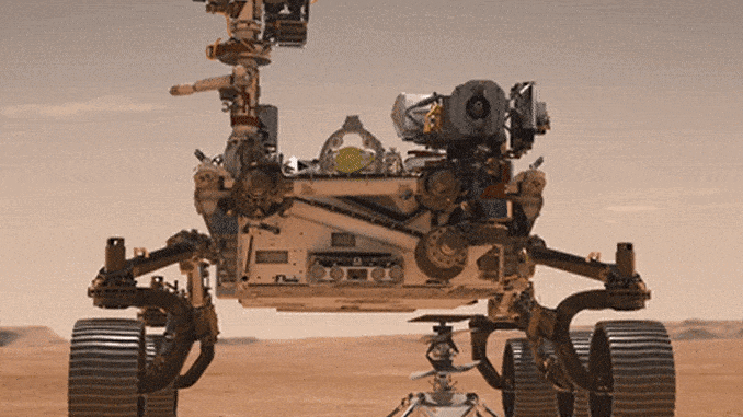 Una animación del rover Perseverance desplegando el helicóptero Ingenuity.