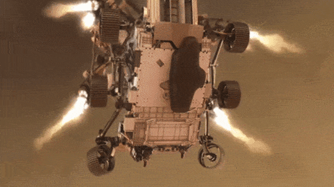 Una animación del rover Perserverance de Marte siendo bajado a la superficie de Marte por la "grúa del cielo".