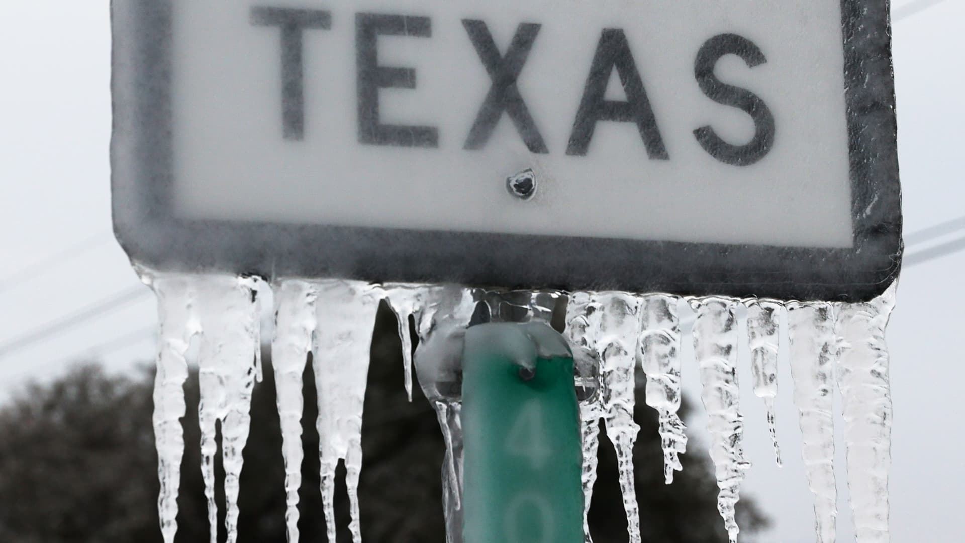 Icicles hang off the State Highway 195 sign on Feb. 18, 2021 in Killeen, Texas.