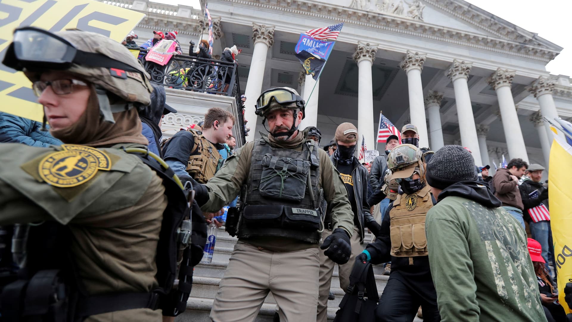 Members of the Oath Keepers militia group among supporters of U.S. President Donald Trump, on the steps of the U.S. Capitol, in Washington, January 6, 2021.