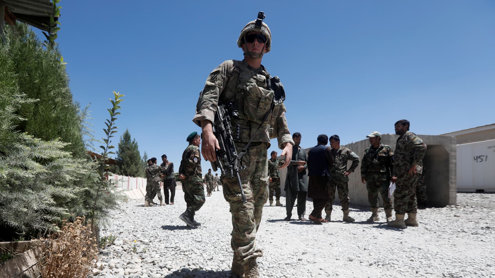 A U.S. soldier keeps watch at an Afghan National Army (ANA) base in Logar province, Afghanistan August 5, 2018