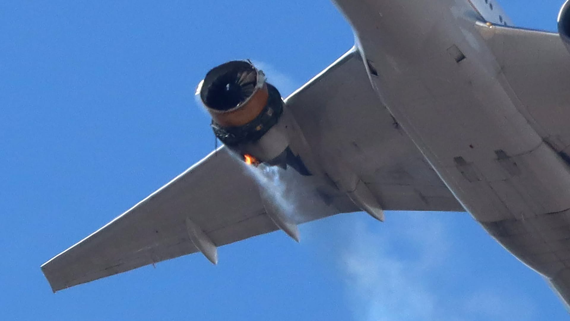 United Airlines flight UA328, carrying 231 passengers and 10 crew on board, returns to Denver International Airport with its starboard engine on fire after it called a Mayday alert, over Denver, Colorado, U.S. February 20, 2021.