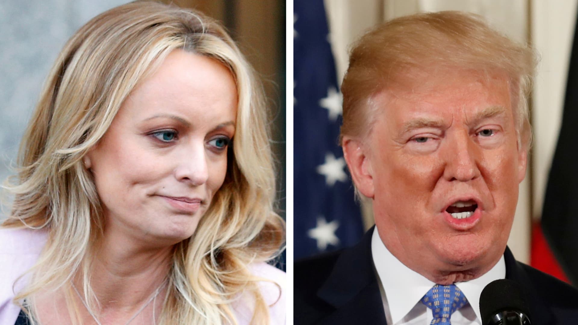 A combination photo shows Adult film actress Stephanie Clifford, also known as Stormy Daniels speaking in New York City, and U.S. President Donald Trump speaking in Washington, Michigan, U.S. on April 16, 2018 and April 28, 2018 respectively.