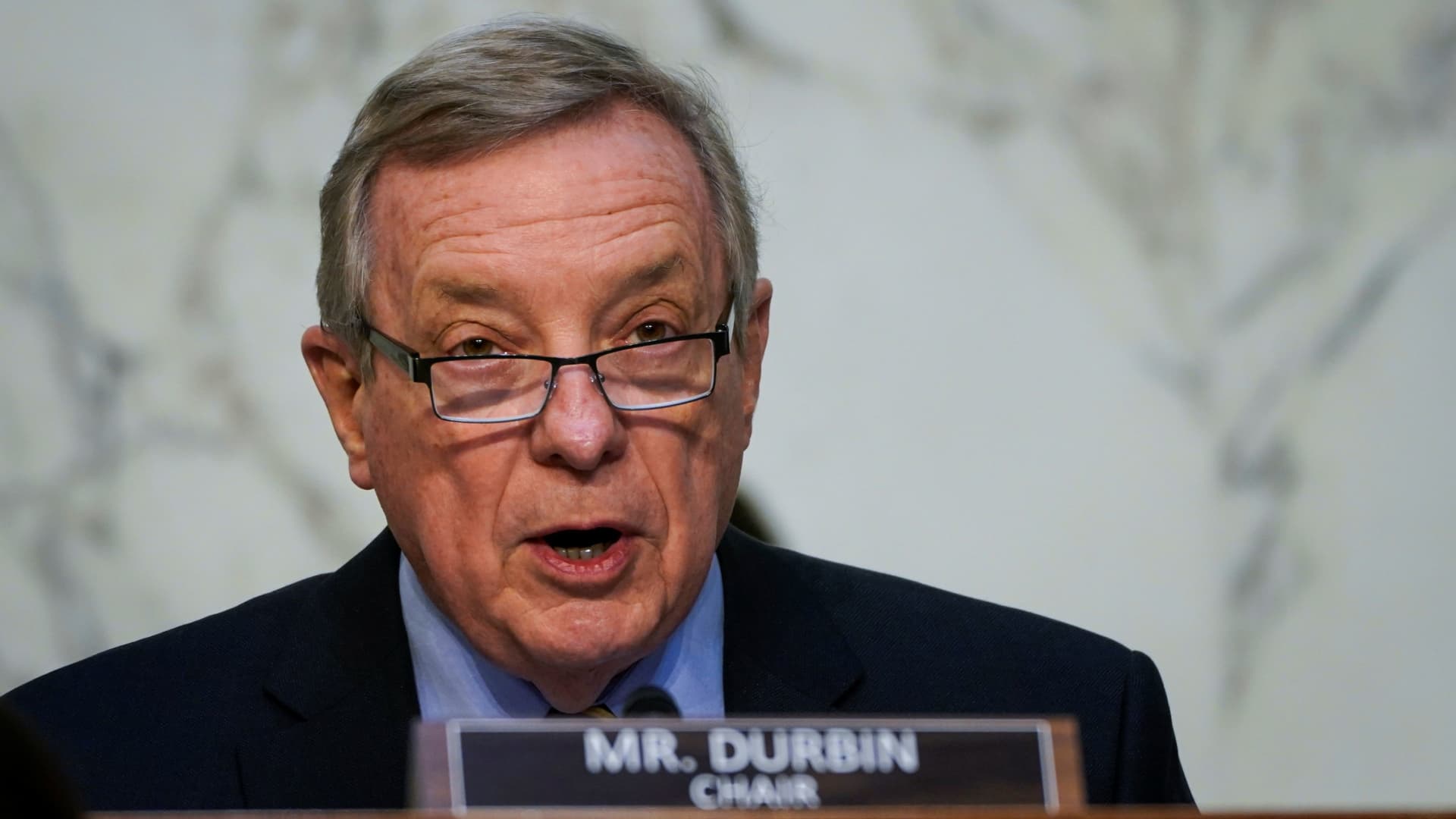 Senate Judiciary Committee chairman Sen. Dick Durbin (D-IL) speaks during his opening statement during Attorney General nominee Merrick Garland's confirmation hearing before the Senate Judiciary Committee, Washington, DC, February 22, 2021.