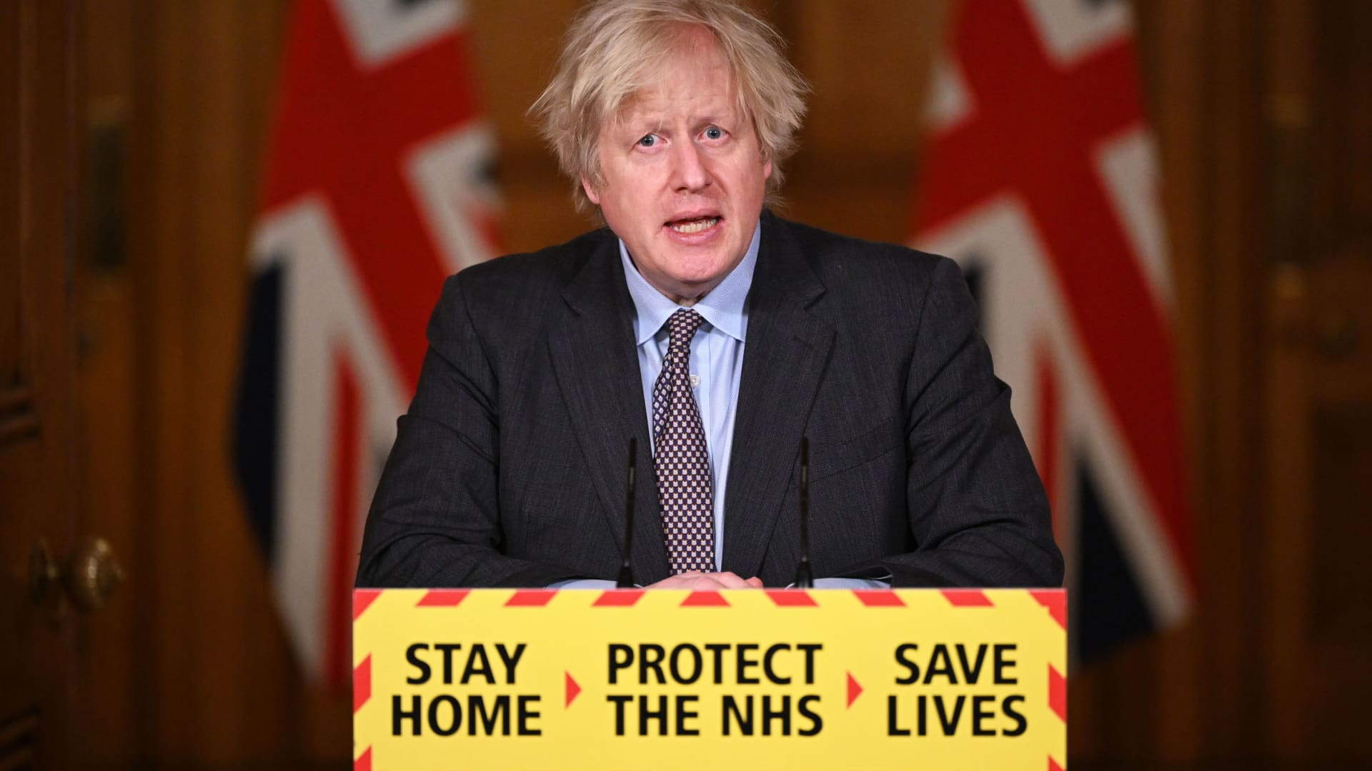 British Prime Minister Boris Johnson speaks during a televised press conference at 10 Downing Street on February 22, 2021 in London, England.