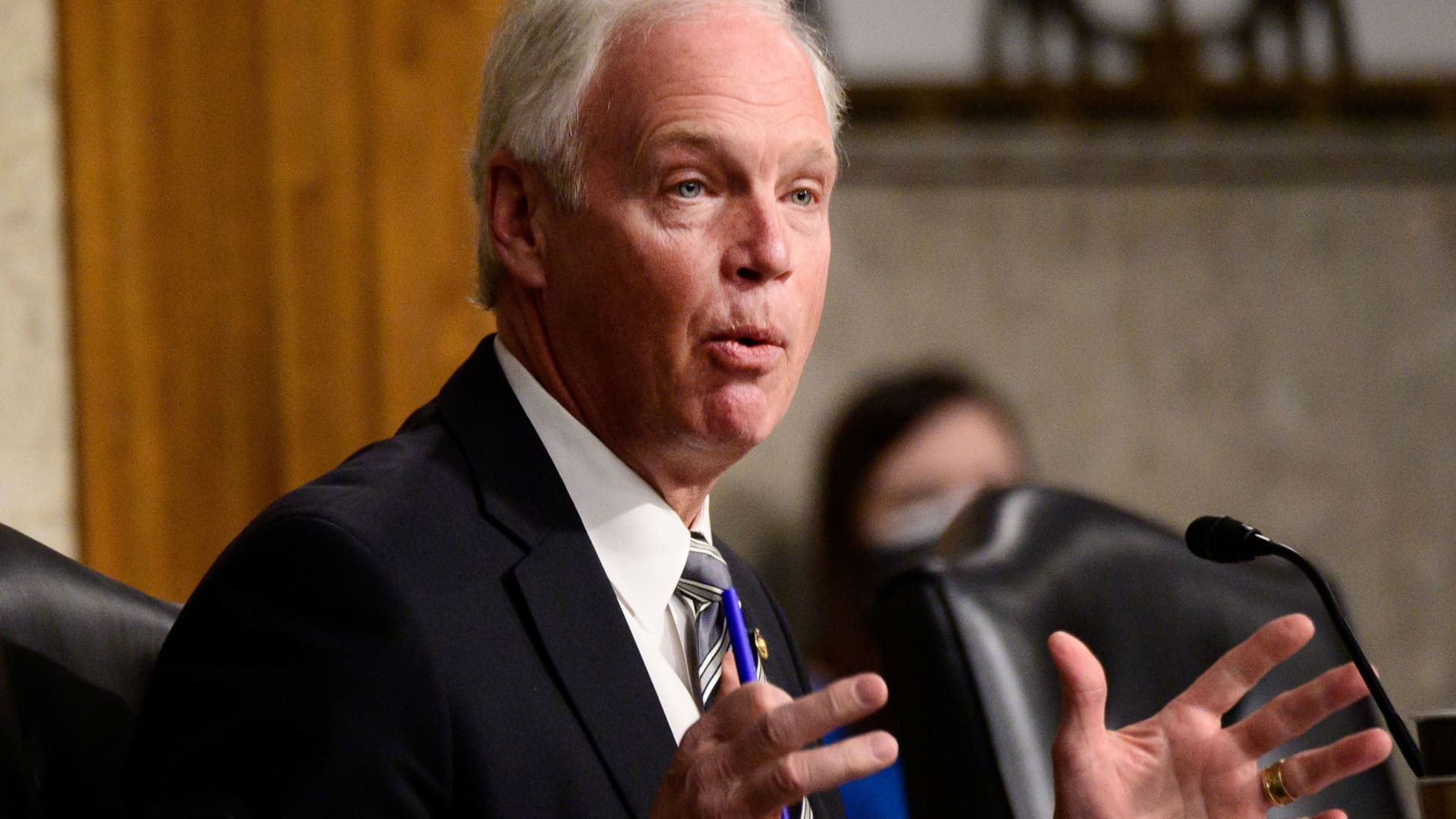 Sen. Ron Johnson, R-Wisc., participates in a Senate Homeland Security and Governmental Affairs and Senate Rules and Administration committees joint hearing on Capitol Hill, Washington, February 23, 2021, to examine the January 6th attack on the Capitol.