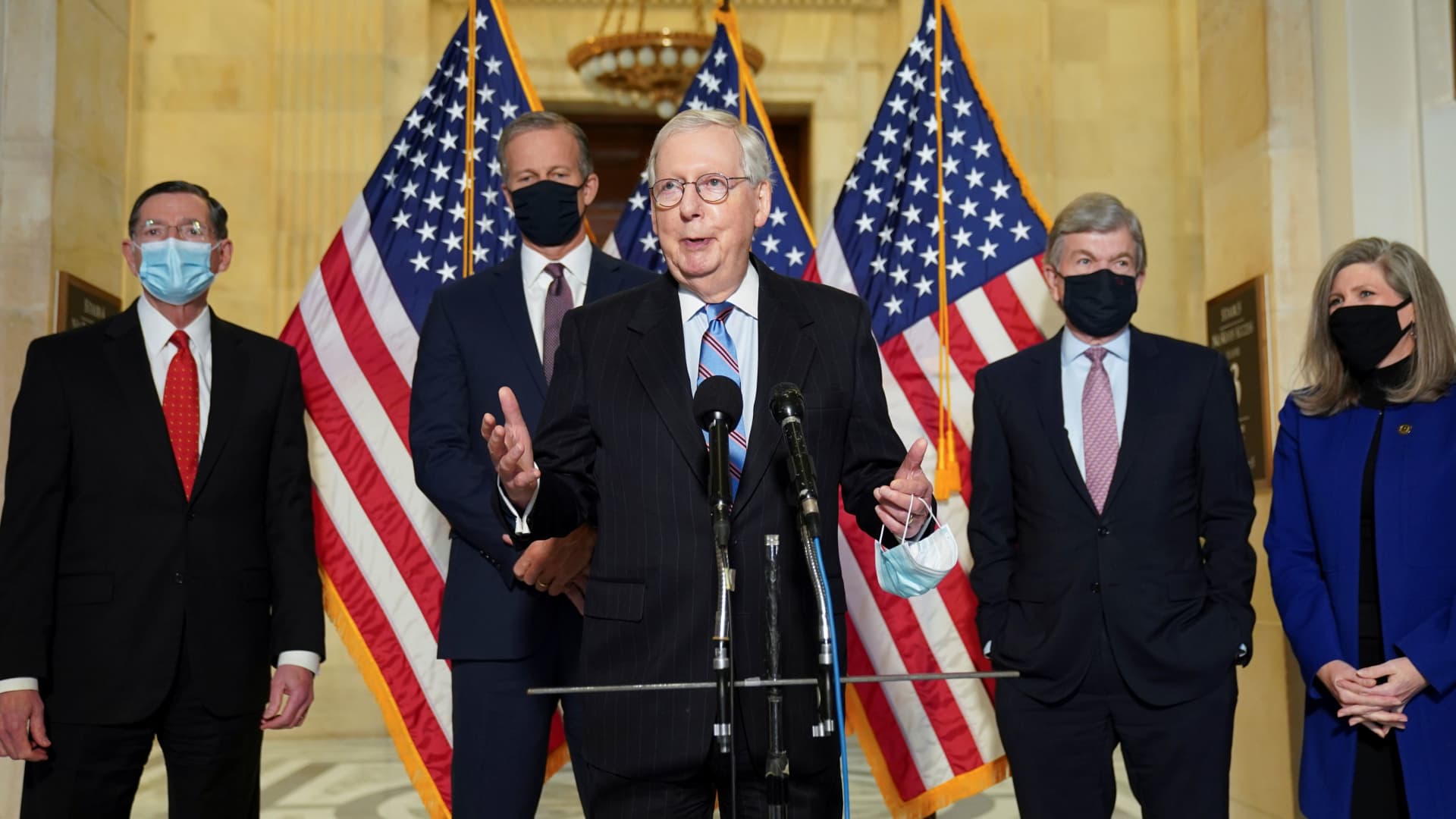 Senate Minority Leader Mitch McConnell speaks to reporters after the Republican weekly policy lunch on Capitol Hill in Washington, U.S., February 23, 2021.
