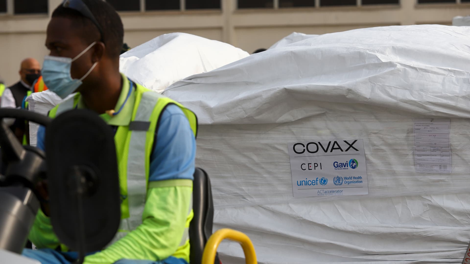 A shipment of Covid-19 vaccines from the COVAX global vaccination program arrives at the Kotoka International Airport in Accra, Ghana, Feb. 24, 2021.