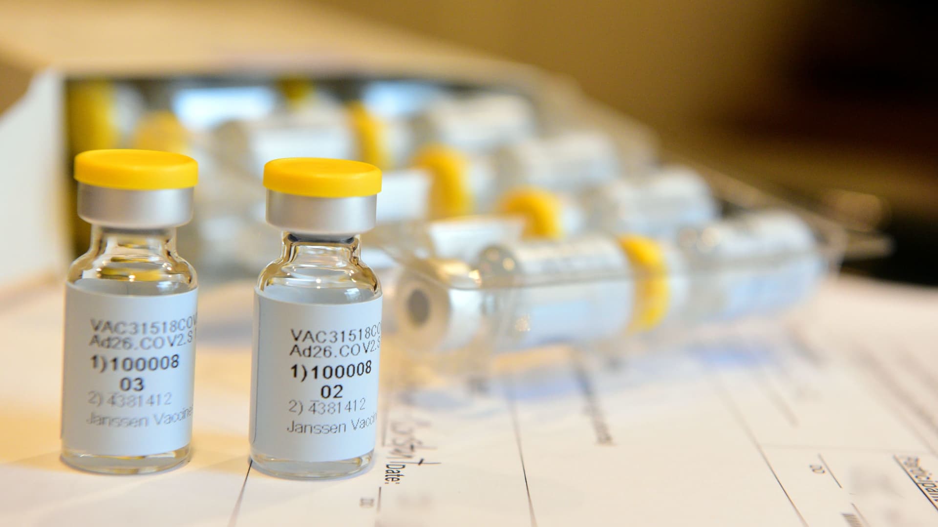 Vials of Johnson & Johnson's Janssen coronavirus disease (COVID-19) vaccine candidate are seen during the Phase 3 ENSEMBLE trial in an undated photograph.