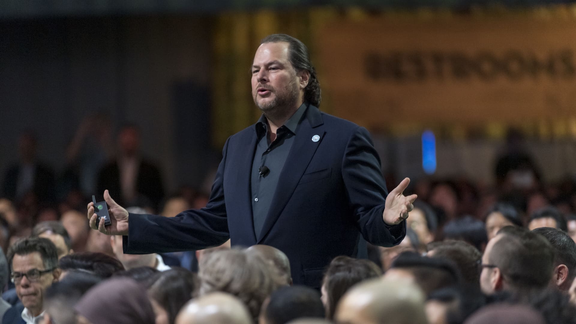 Marc Benioff, chairman and co-chief executive officer of Salesforce.com Inc., speaks during the opening keynote of the 2019 DreamForce conference in San Francisco on Nov. 19, 2019. Salesforce.com Inc.s annual software conference, where it introduces new products and discusses its commitment to social causes, was interrupted for the second year in a row by protests against the company's work with the U.S. government.