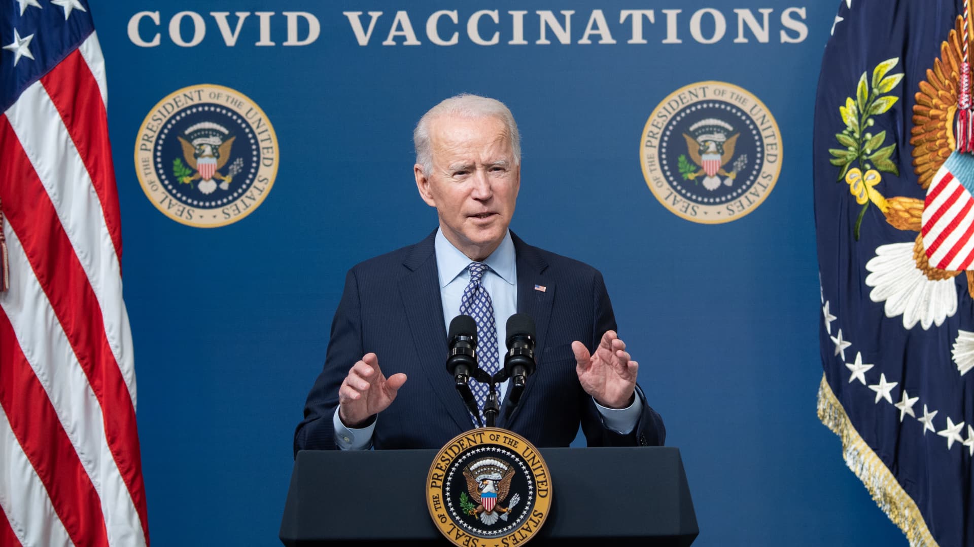 US President Joe Biden speaks about the 50 million doses of the Covid-19 vaccine shot administered in the US during an event commemorating the milestone in the Eisenhower Executive Office Building in Washington, DC, February 25, 2021.