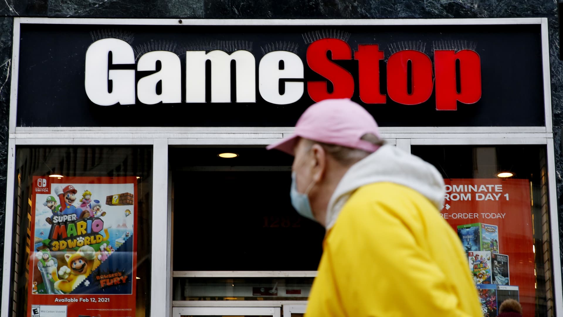 A man looks at GameStop at 6th Avenue on February 25, 2021 in New York.