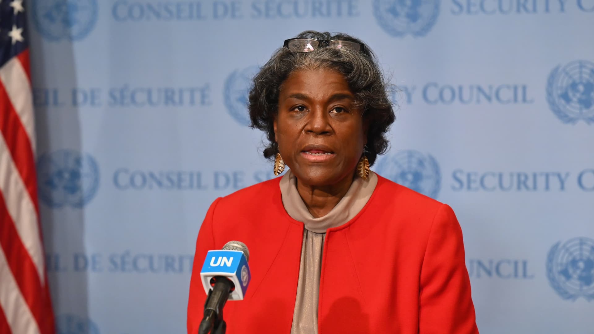 New US Ambassador to the United Nations, Linda Thomas-Greenfield speaks after meeting with UN Secretary-General Antonio Guterres at the United Nations on February 25, 2021 in New York City.