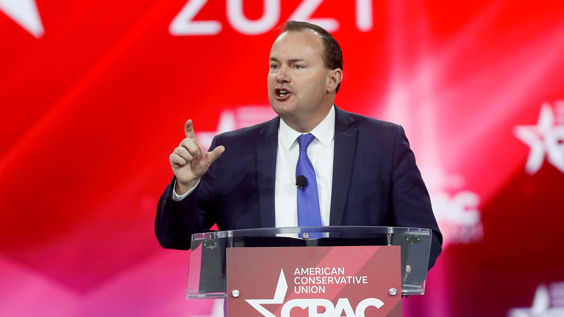Sen. Mike Lee of Utah speaks at the Conservative Political Action Conference (CPAC) in Orlando, Florida, February 26, 2021.