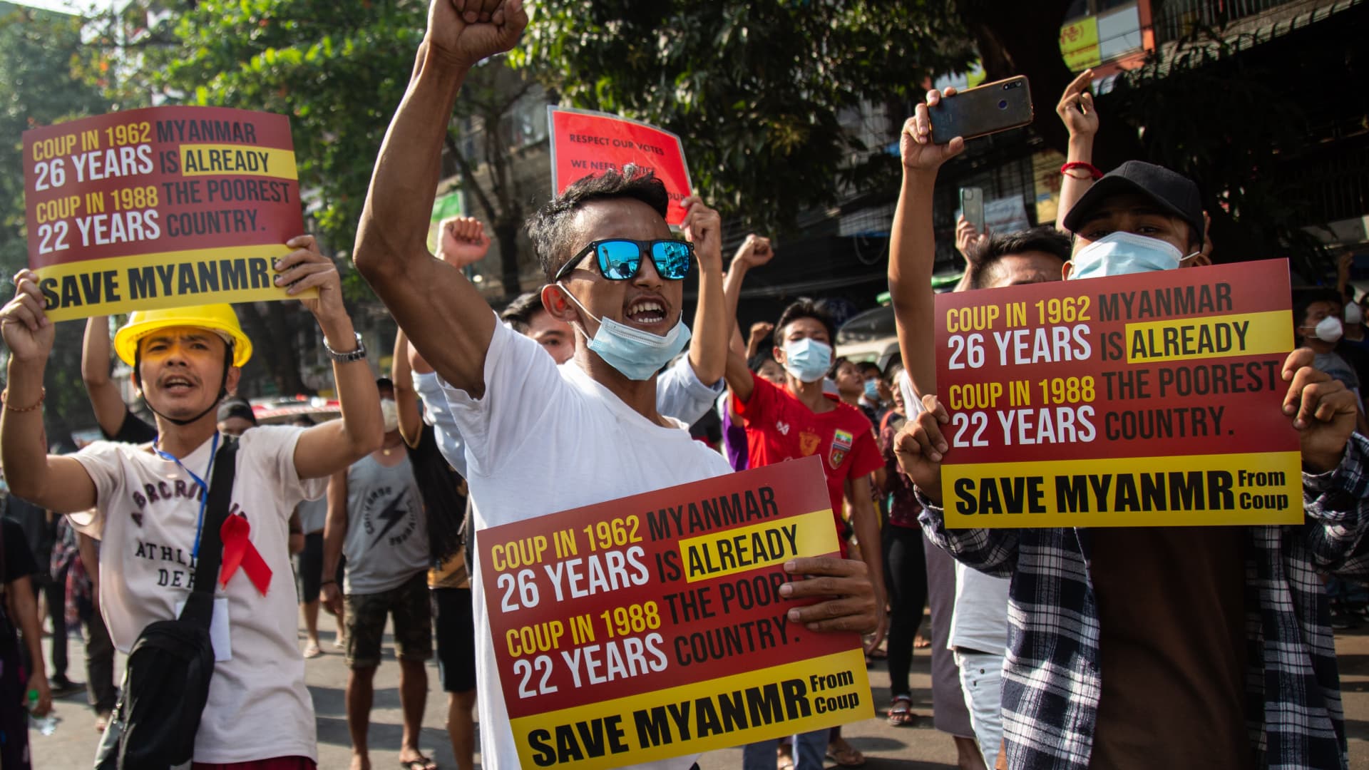 Protesters demonstrate against the military coup in Yangon, and demanded the release of detained State Counsellor of Myanmar Aung San Suu Kyi.