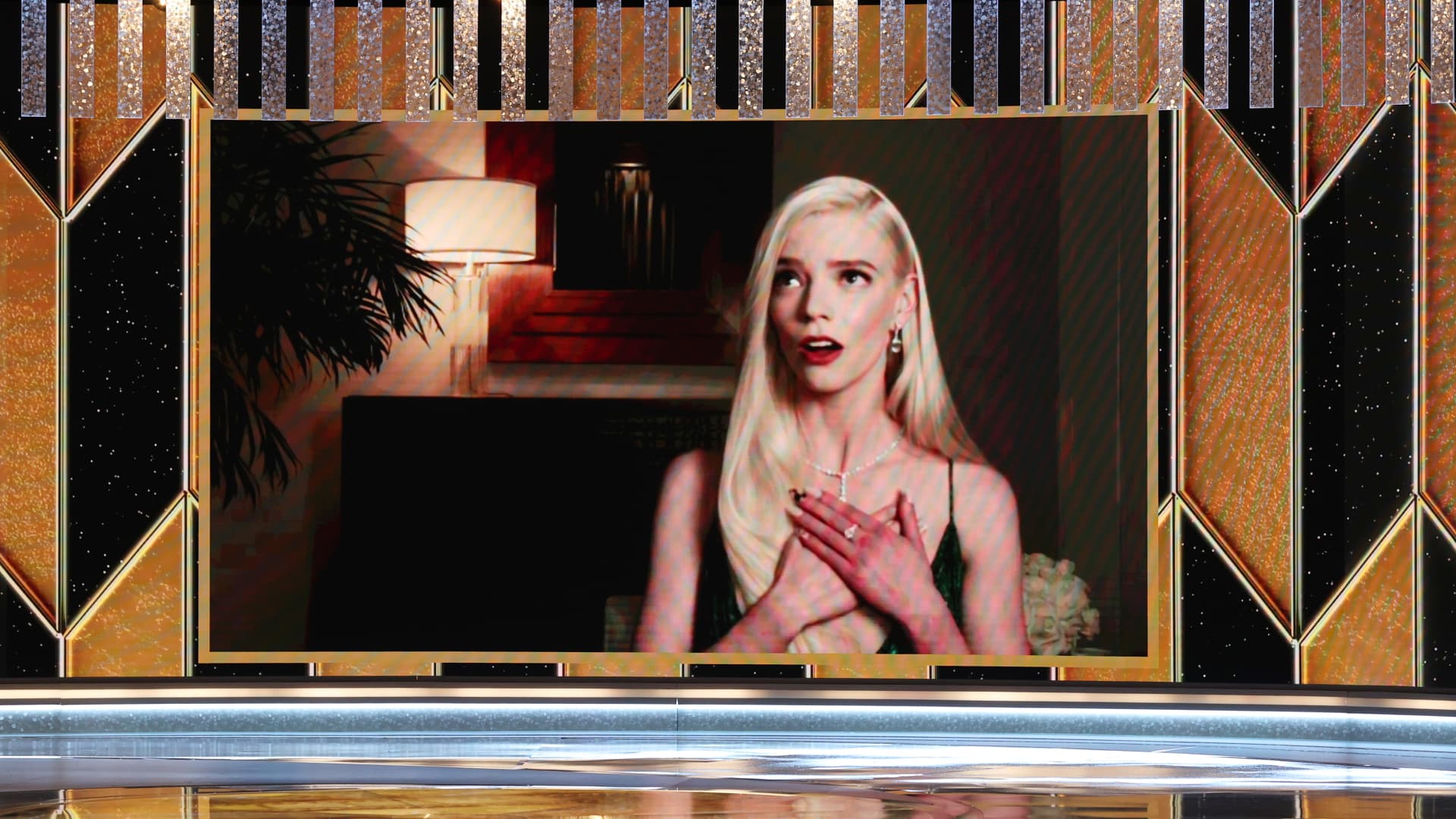 Pictured: Anya Taylor-Joy reacts via video after being announced the winner of the Best Actress - Television Motion Picture award for ‘The Queen's Gambit’ at the 78th Annual Golden Globe Awards held at The Beverly Hilton and broadcast on February 28, 2021 in Beverly Hills, California.