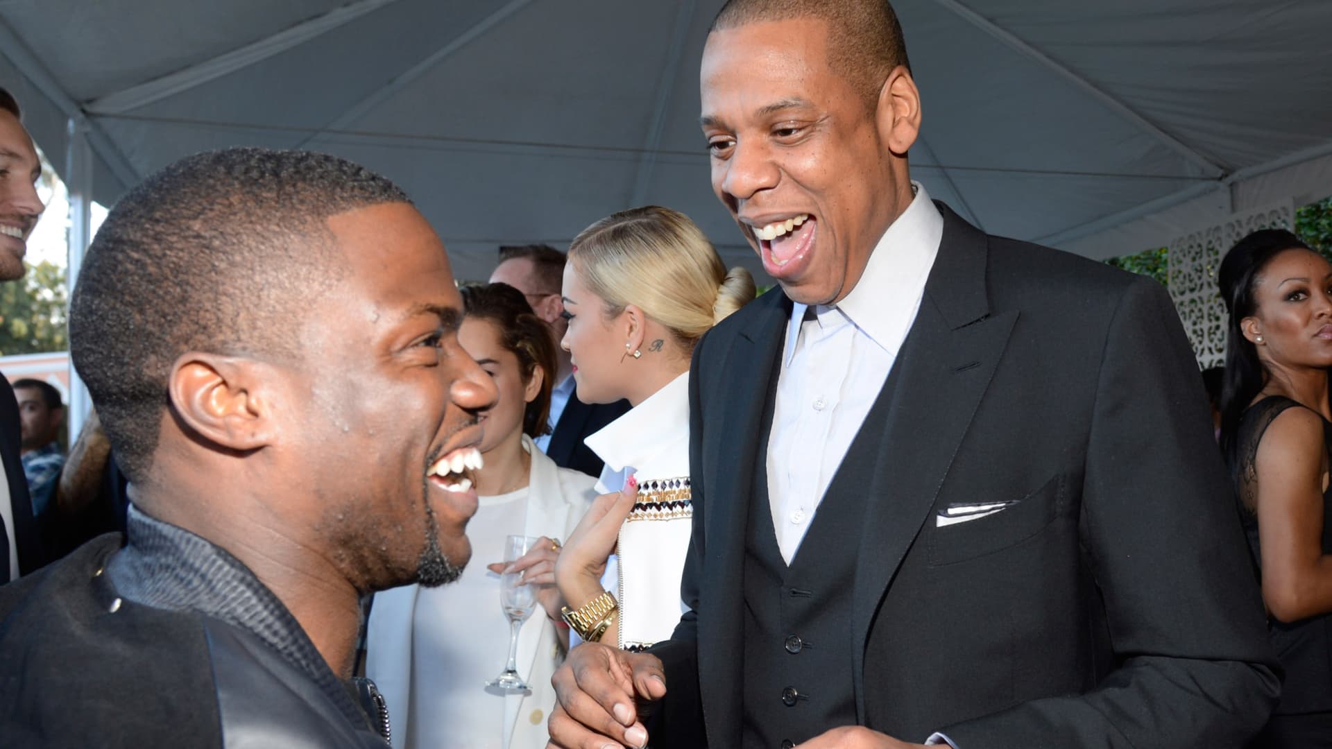 Kevin Hart and Jay-Z attend the Roc Nation Pre-GRAMMY Brunch presented by MAC Viva Glam at Private Residence on January 25, 2014 in Beverly Hills, California.
