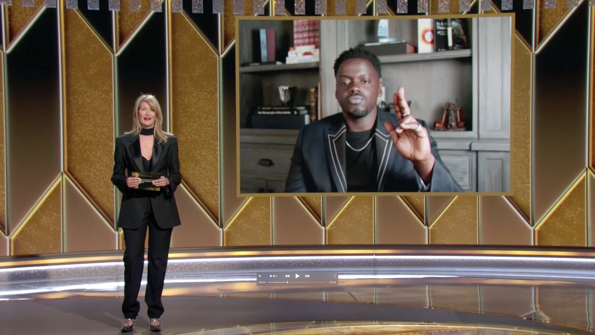 Pictured in this screengrab released on February 28, (l-r) Laura Dern and Daniel Kaluuya speak onstage at the 78th Annual Golden Globe Awards broadcast on February 28, 2021.