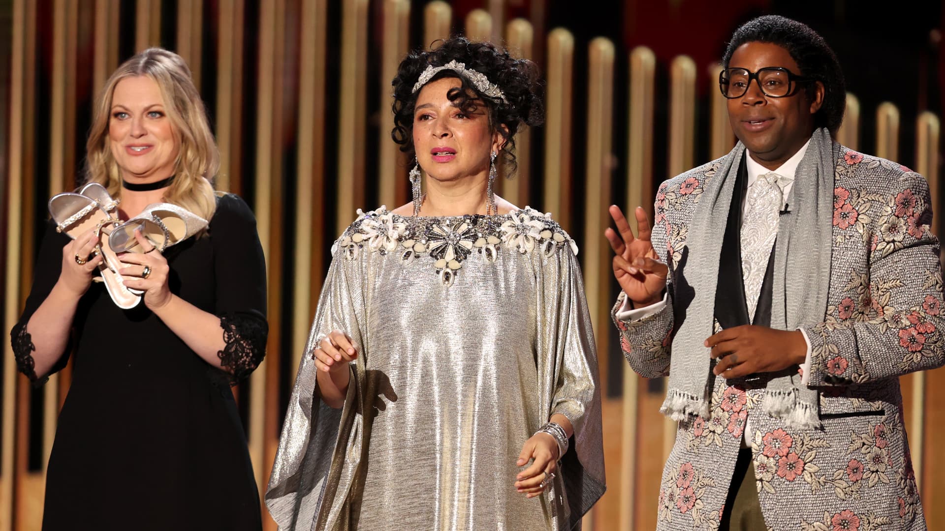 Pictured: (l-r) Amy Poehler, Maya Rudolph, and Kenan Thompson speak onstage at the 78th Annual Golden Globe Awards held at The Beverly Hilton and broadcast on February 28, 2021 in Beverly Hills, California.