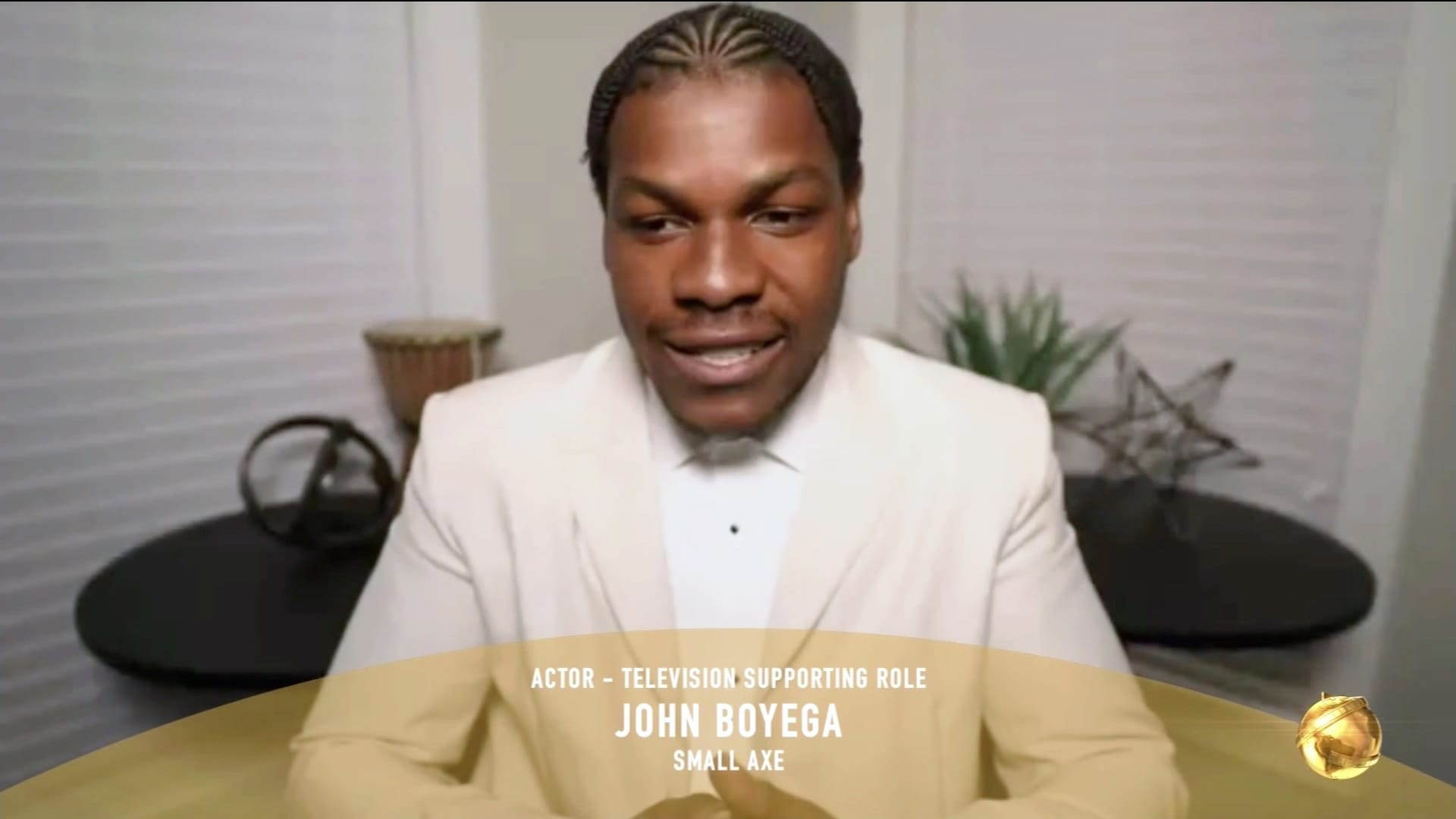 Pictured in this screengrab released on February 28, John Boyega accepts the Best Supporting Actor - Television award for ‘Small Axe’ during the 78th Annual Golden Globe Awards broadcast on February 28, 2021.