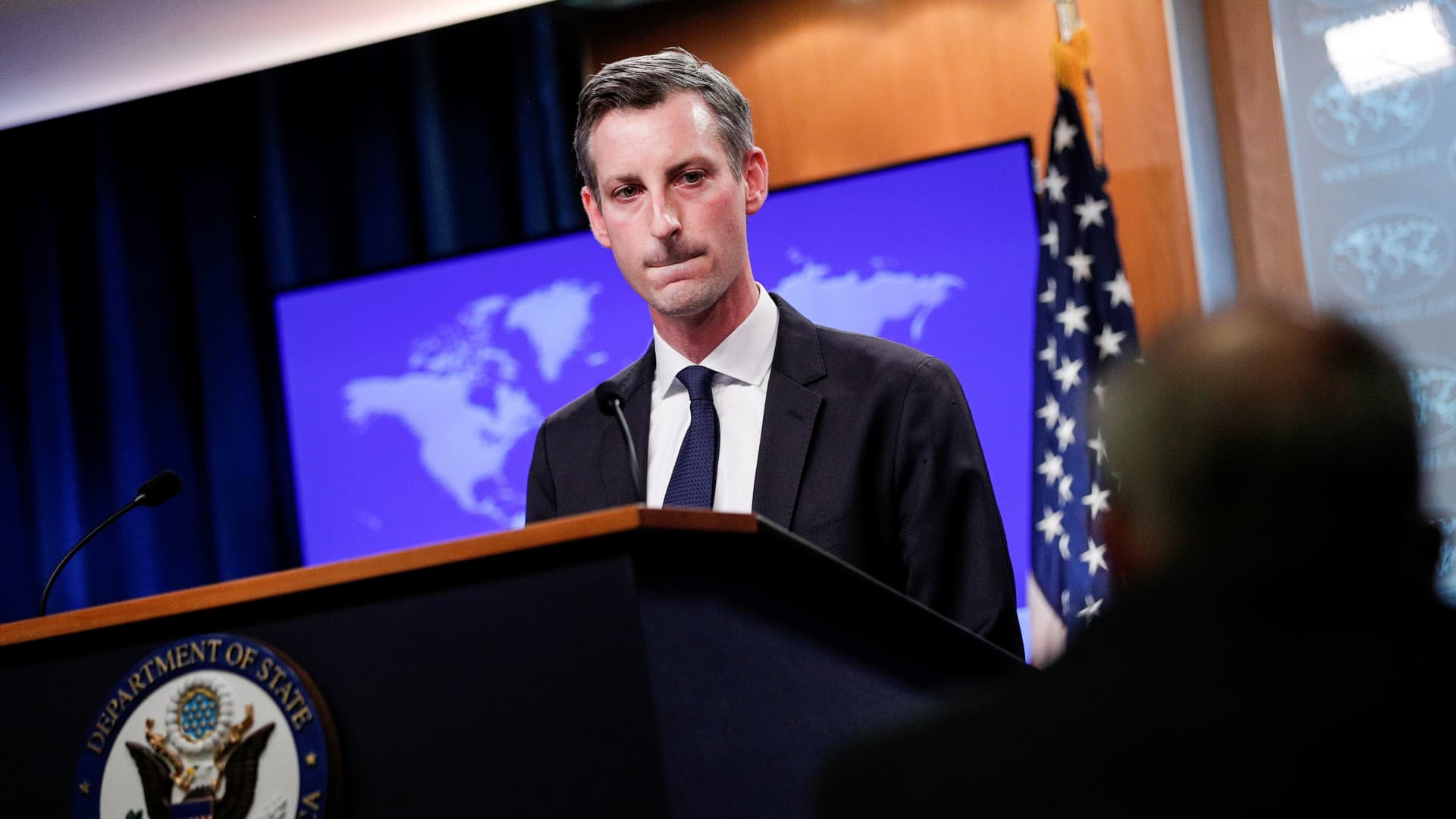 U.S. State Department Spokesman Ned Price faces reporters during a news briefing at the State Department in Washington, March 1, 2021.
