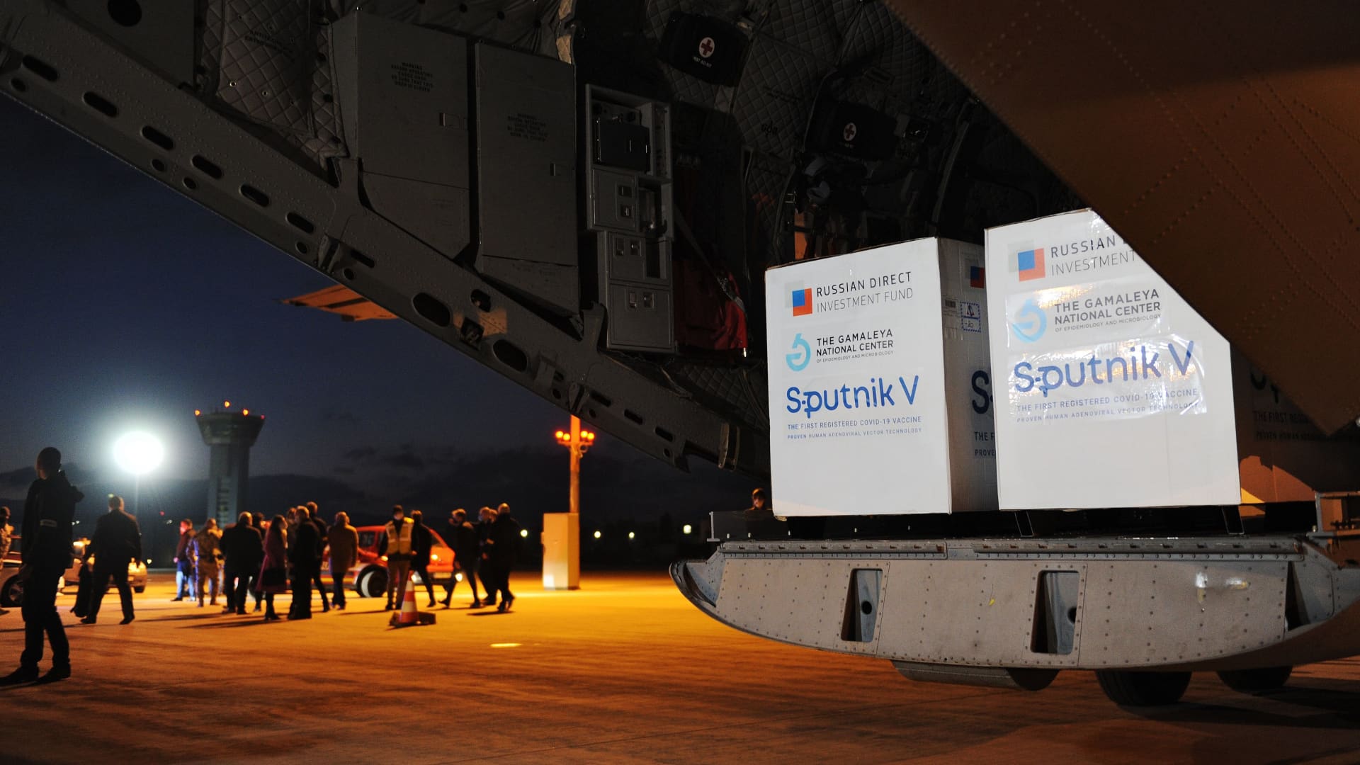 An aircraft of the Slovak Army carrying doses of the Sputnik V vaccine against the coronavirus (Covid-19) stands on the tarmac upon arrival from Moscow, at the International Airport in Kosice, Slovakia, on March 1, 2021.