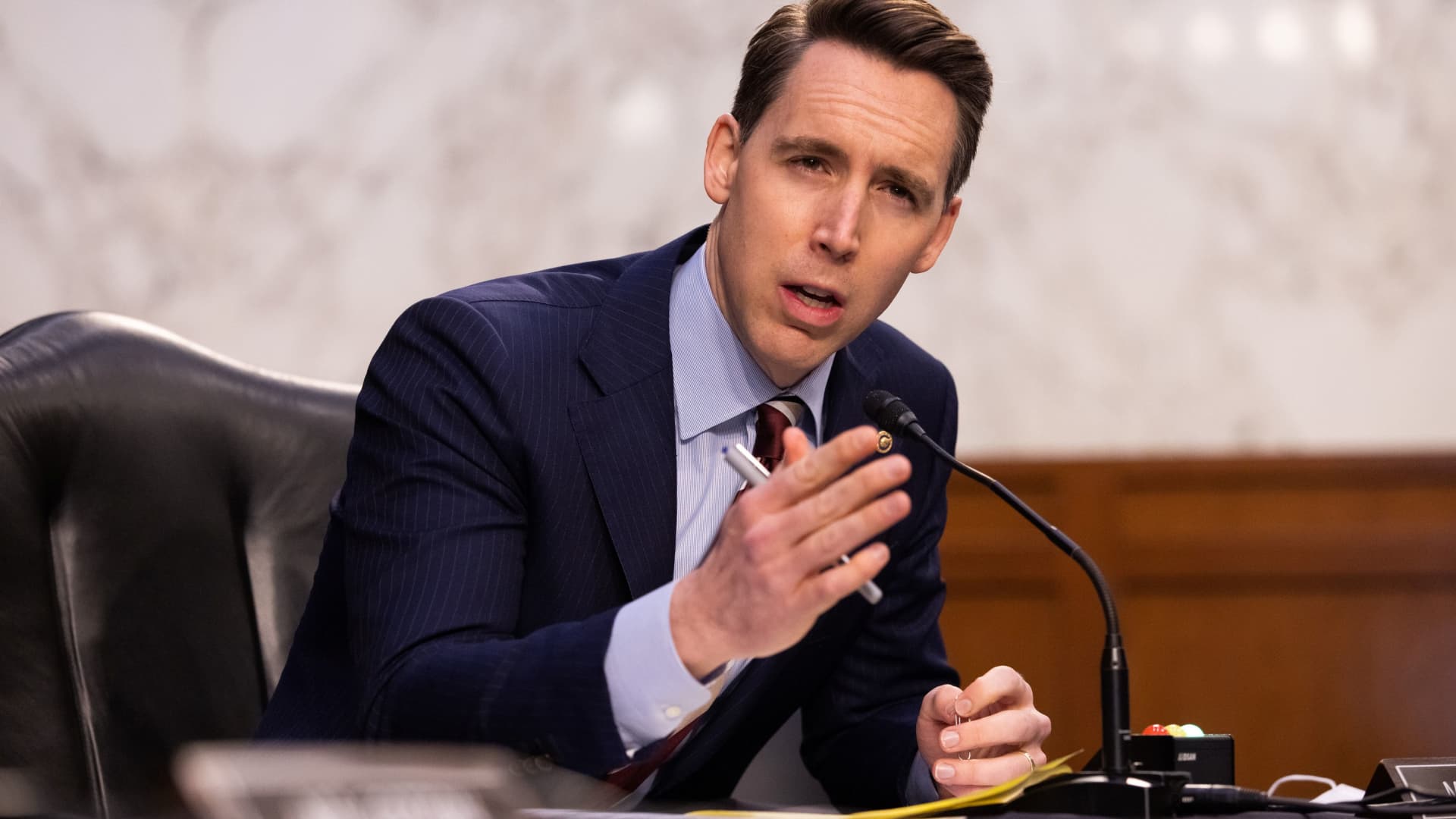Senator Josh Hawley, R-MO, speaks during a Senate Judiciary Committee hearing on the the January 6th insurrection, in the Hart Senate Office Building on Capitol Hill in Washington, DC, March 2, 2021.