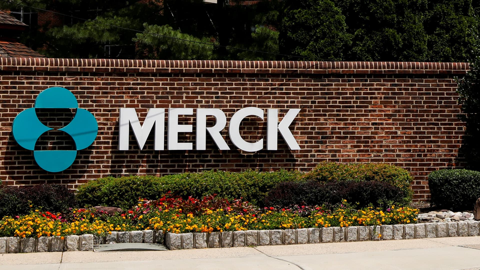 The Merck logo is seen at a gate to the Merck & Co campus in Rahway, New Jersey, U.S., July 12, 2018.