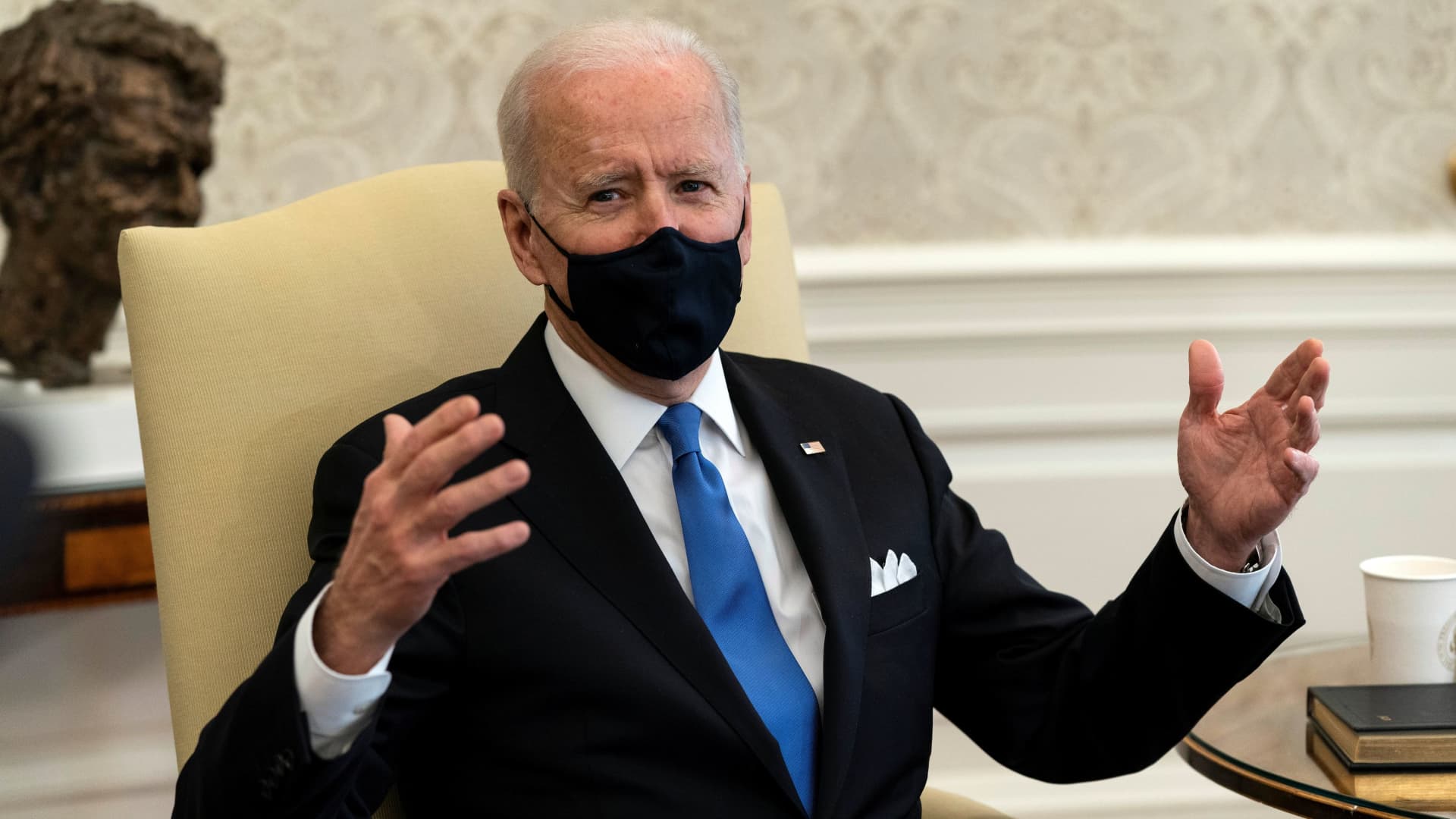 U.S. President Joe Biden speaks during a bipartisan meeting on cancer legislation in the Oval Office at the White House in Washington, March 3, 2021.