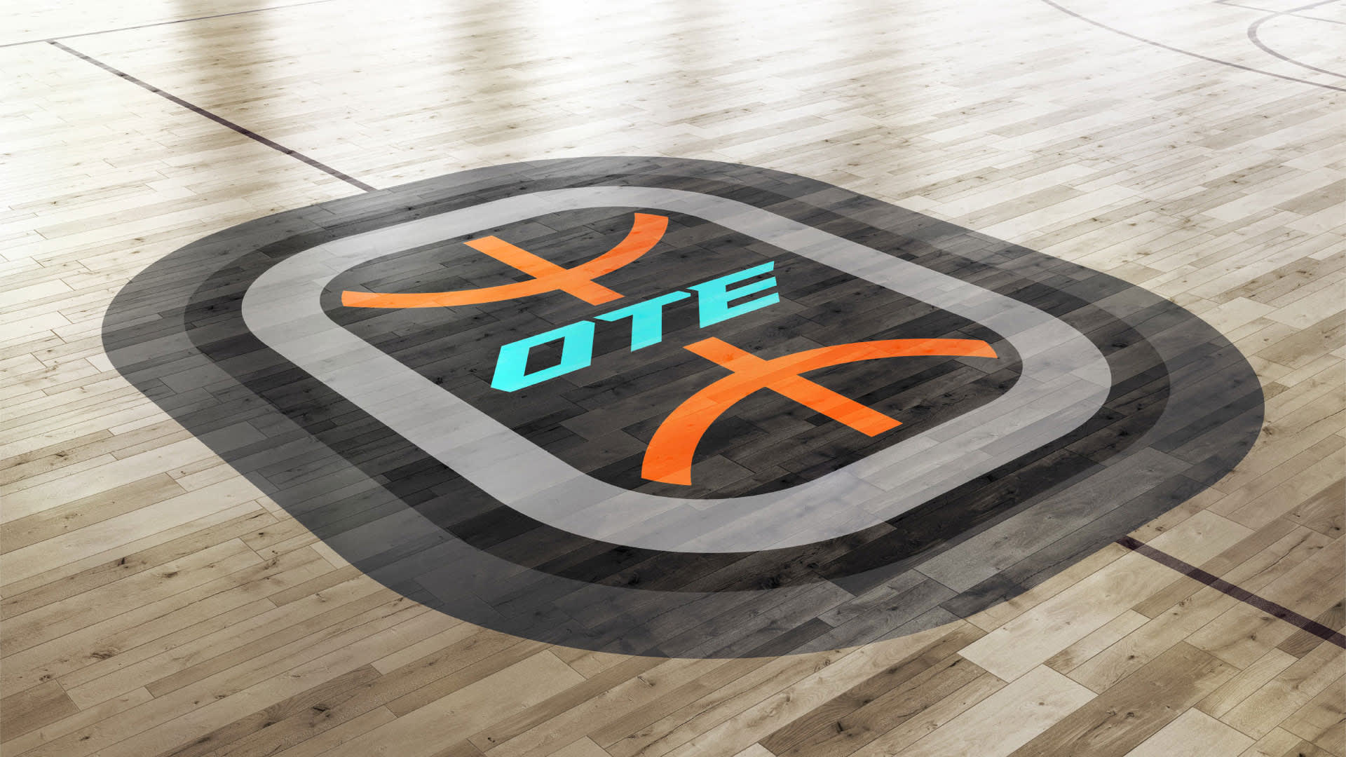 An Overtime logo on a basketball court