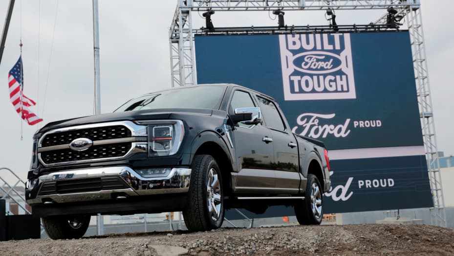 Ford Motor Co. displays a new 2021 Ford F-150 pickup truck at the Rouge Complex in Dearborn, Michigan, September 17, 2020.