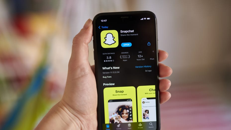 The Snapchat application on a smartphone arranged in Saint Thomas, Virgin Islands, U.S., on Friday, Jan. 29, 2021.