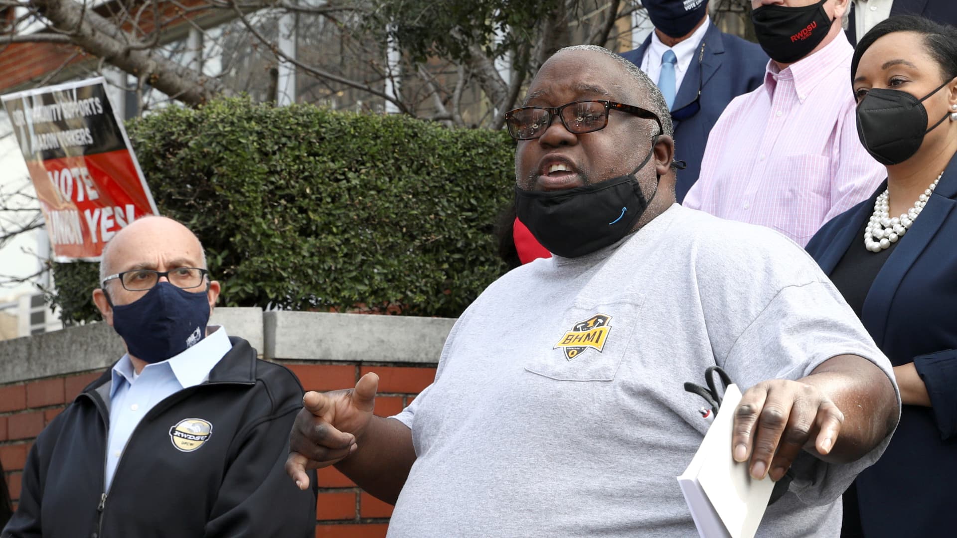 Amazon worker Kevin Jackson speaks on the steps of the RWDSU Mid-South headquarters before a tour of a congressional delegation to a nearby Amazon plant to show their support for workers who will vote on whether to unionize, in Birmingham, Alabama, March 5, 2021.