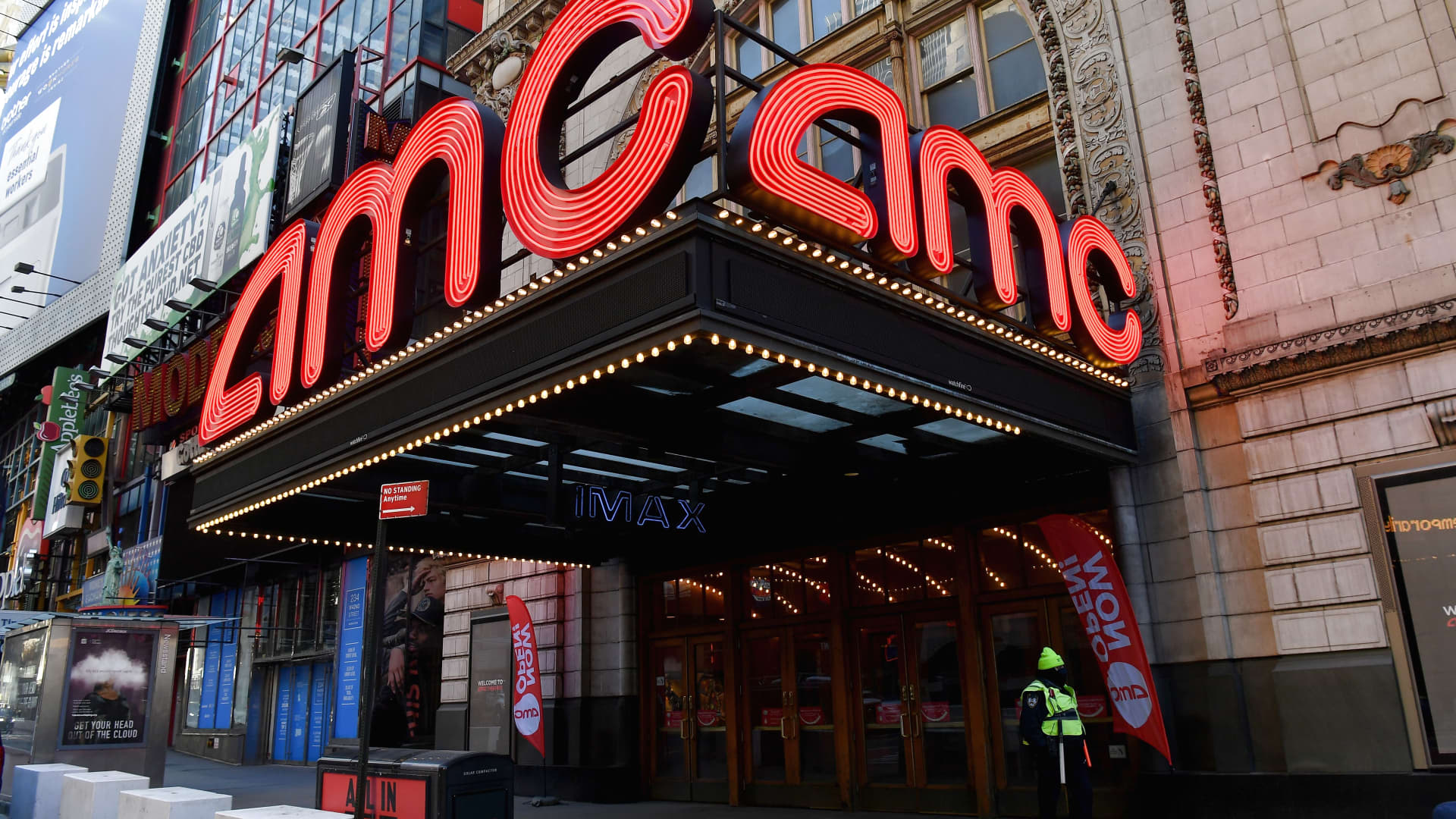 The AMC Empire 25 off Times Square is open as New York City's cinemas reopen for the first time in a year following the coronavirus shutdown, on March 5, 2021.