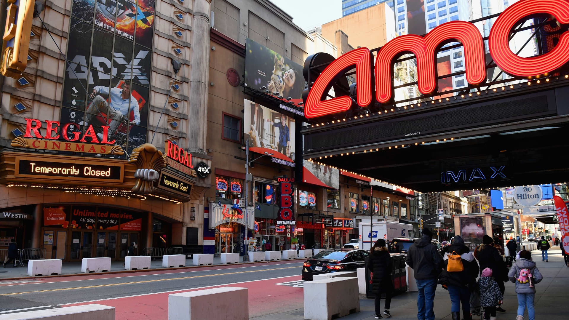 The AMC Empire 25 near Times Square is open as New York City's cinemas reopen for the first time in a year following the coronavirus shutdown, on March 5, 2021.