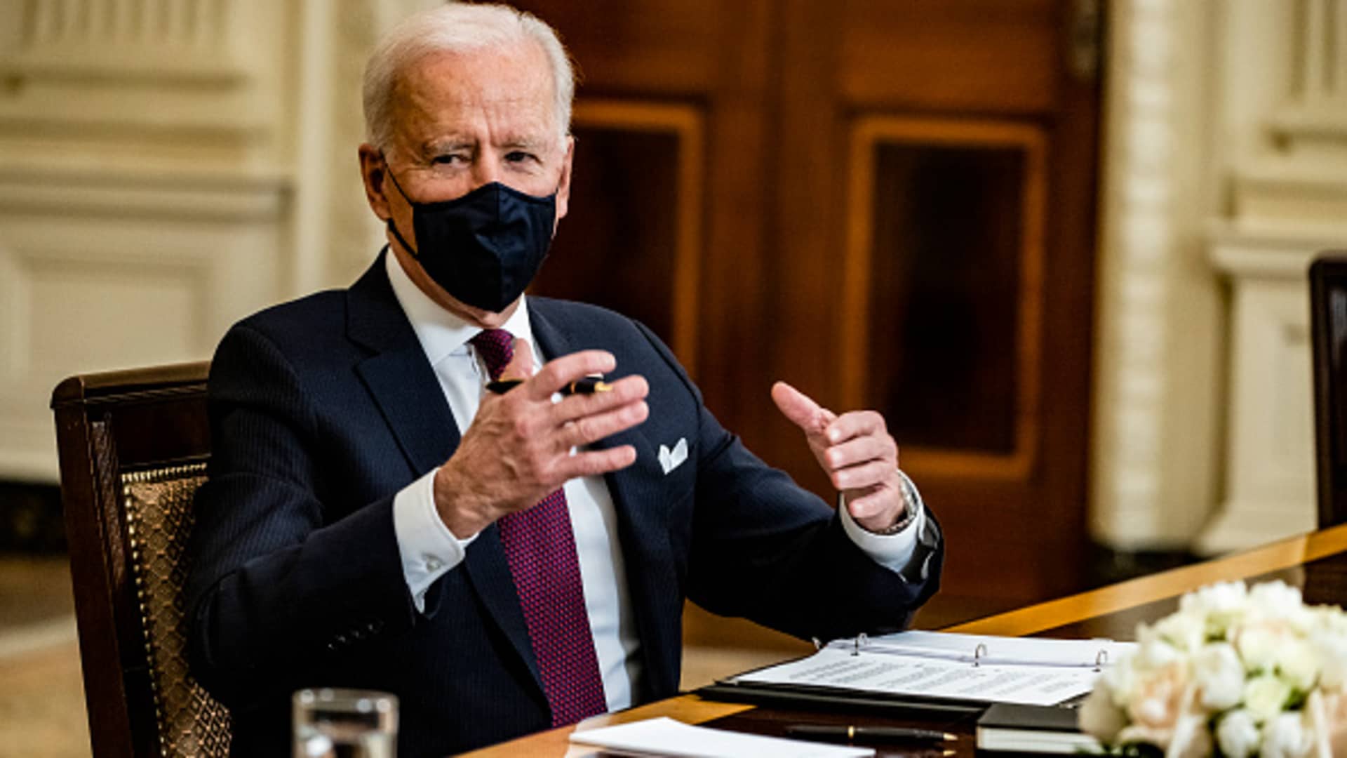 U.S. President Joe Biden speaks during a roundtable meeting with Americans who will benefit from the COVID-19 pandemic relief checks that are a part of the American Rescue Plan on March 5, 2021 in Washington, DC.