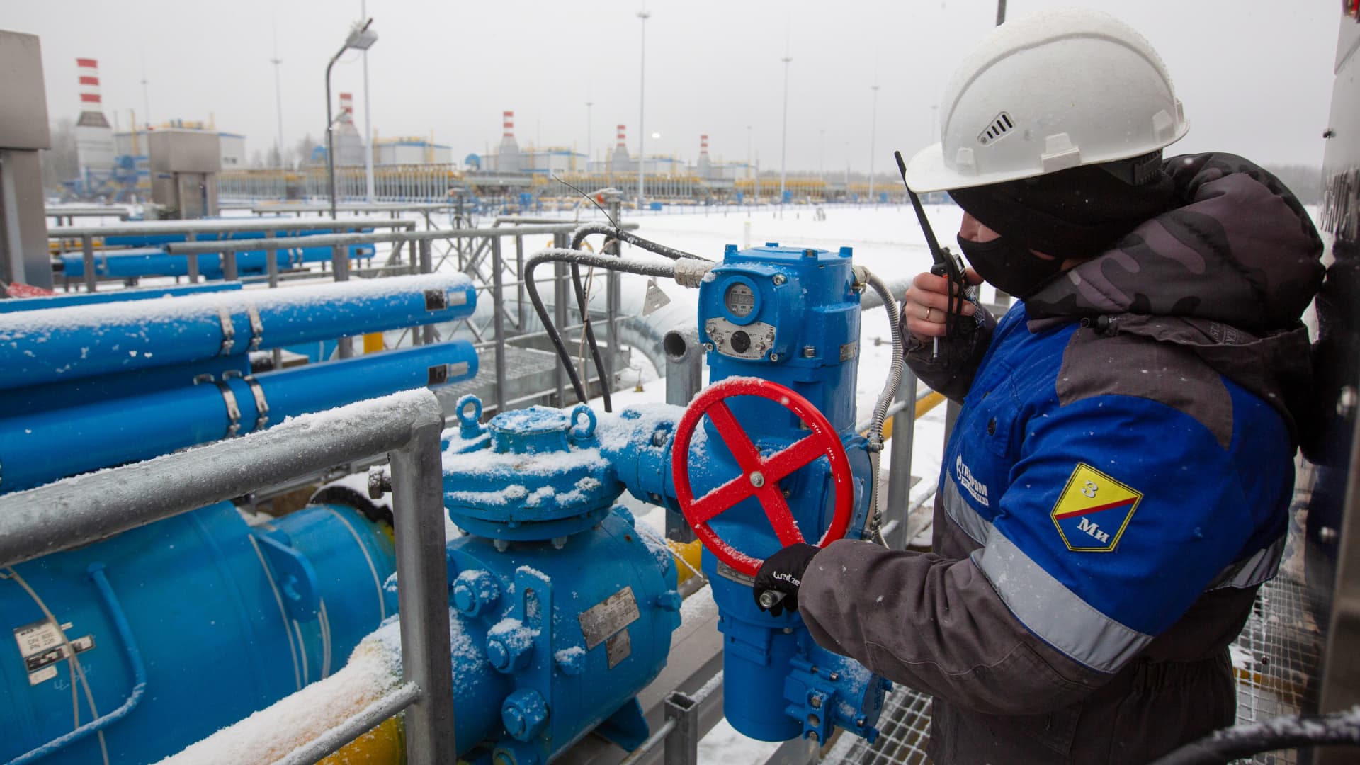 A worker adjusts a pipeline valve at the Gazprom PJSC Slavyanskaya compressor station, the starting point of the Nord Stream 2 gas pipeline, in Ust-Luga, Russia, on Thursday, Jan. 28, 2021. Nord Stream 2 is a 1,230-kilometer (764-mile) gas pipeline that will double the capacity of the existing undersea route from Russian fields to Europe — the original Nord Stream — which opened in 2011.