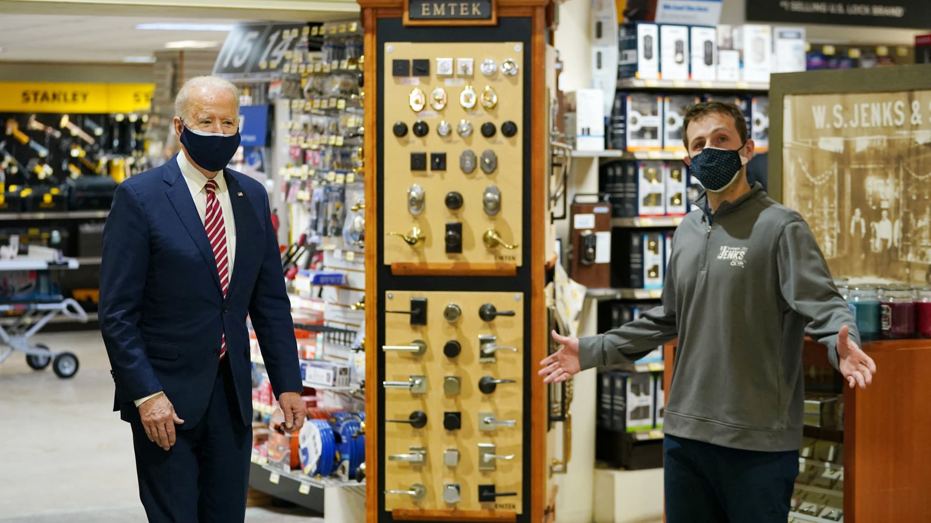 President Joe Biden visits W.S. Jenks & Son, a Washington, D.C., hardware store that benefited from a Paycheck Protection Program loan, on March 9, 2021.