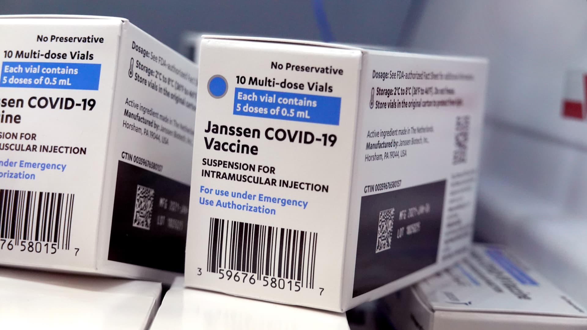 Johnson & Johnson's Janssen COVID-19 Vaccine is stored for use with United Airlines employees at United's onsite clinic at O'Hare International Airport on March 09, 2021 in Chicago, Illinois.