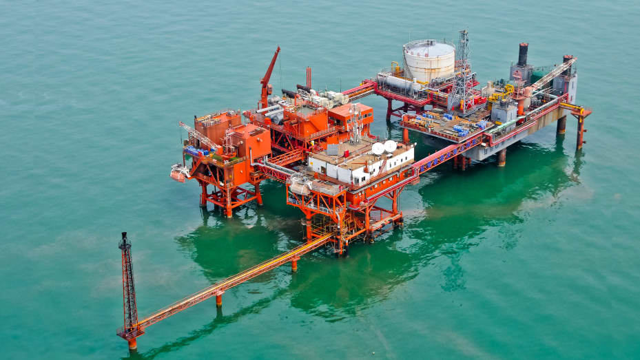 Aerial view of a drilling rig operated by operated by China Petrochemical Corporation sitting in offshore oilfield on Dec. 2, 2020 in Dongying, Shandong Province of China.