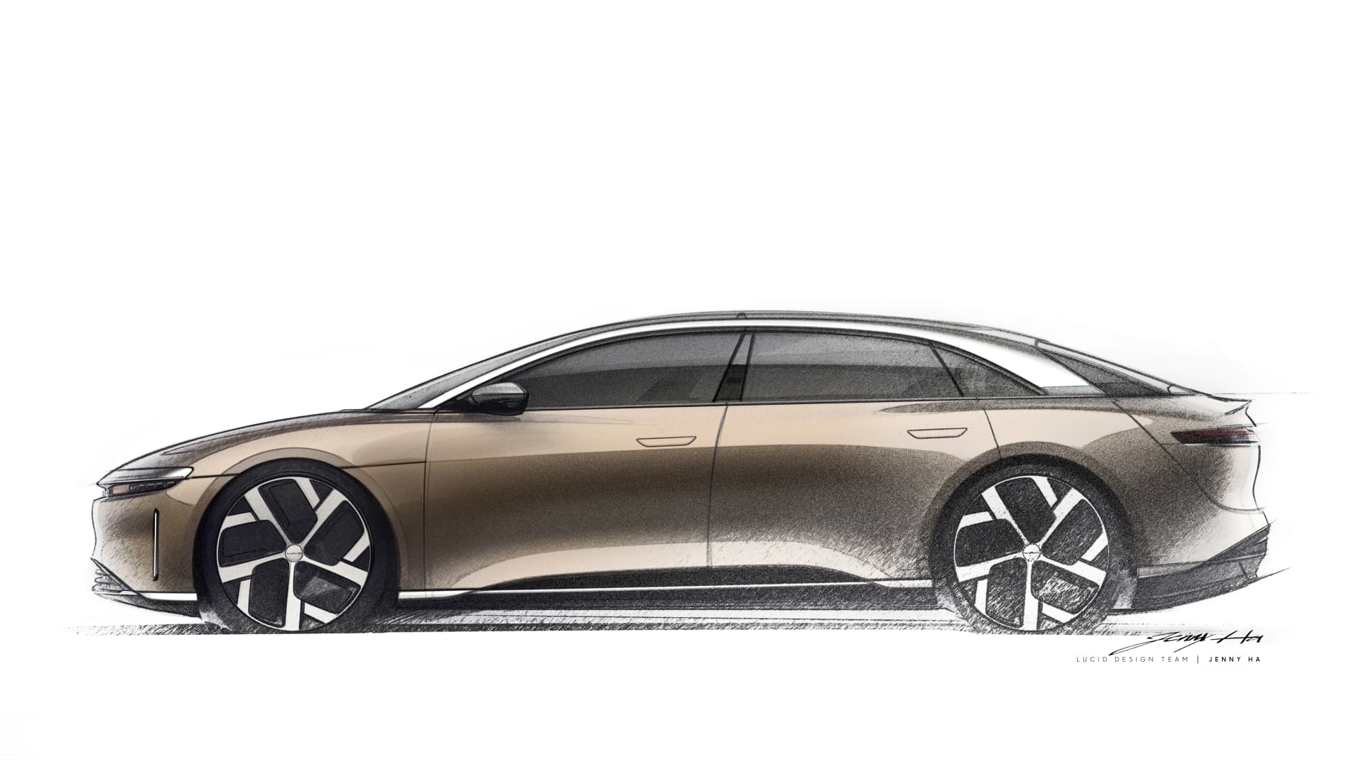 A design sketch of the Lucid Air from the team led by vice president of design Derek Jenkins.
